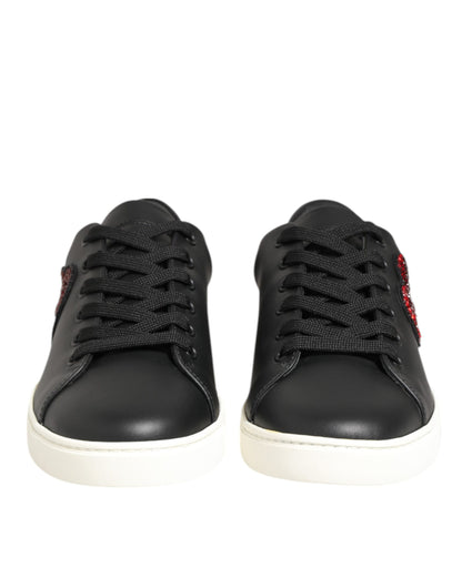 Black White Leather Crystal Heart Sneakers Shoes