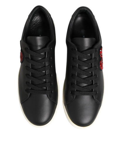 Black White Leather Crystal Heart Sneakers Shoes