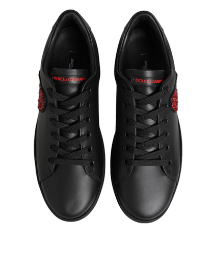 Black Leather Crystal Heart Low Top Sneakers  Shoes