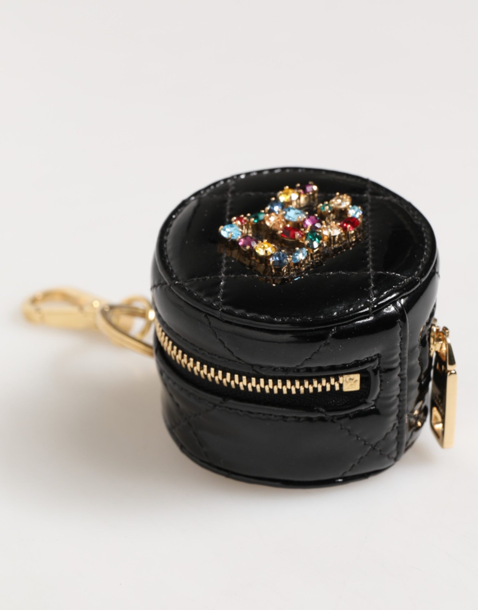 Black Lamb Leather DG Crystal Logo Round Coin Purse Wallet