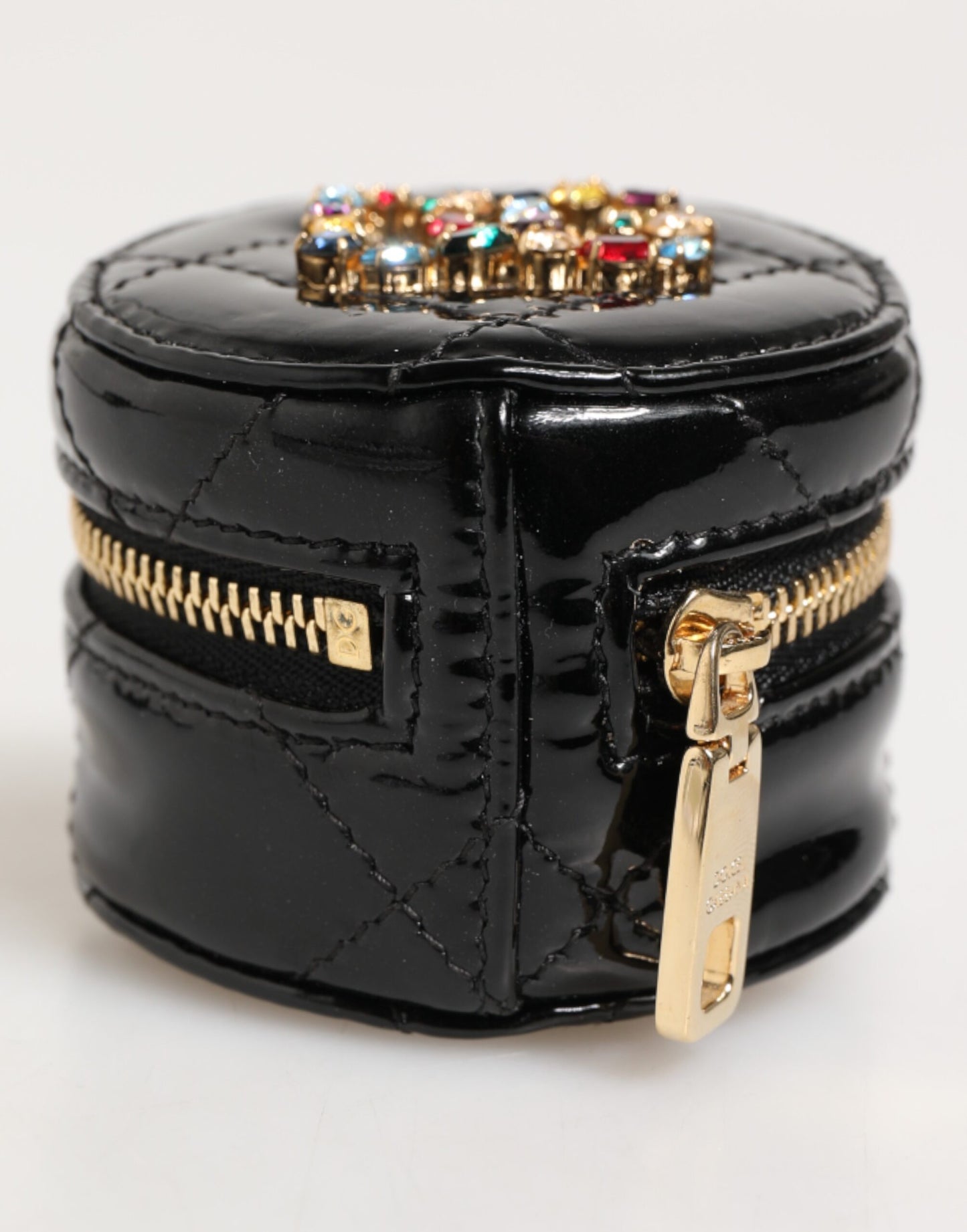 Black Lamb Leather DG Crystal Logo Round Coin Purse Wallet