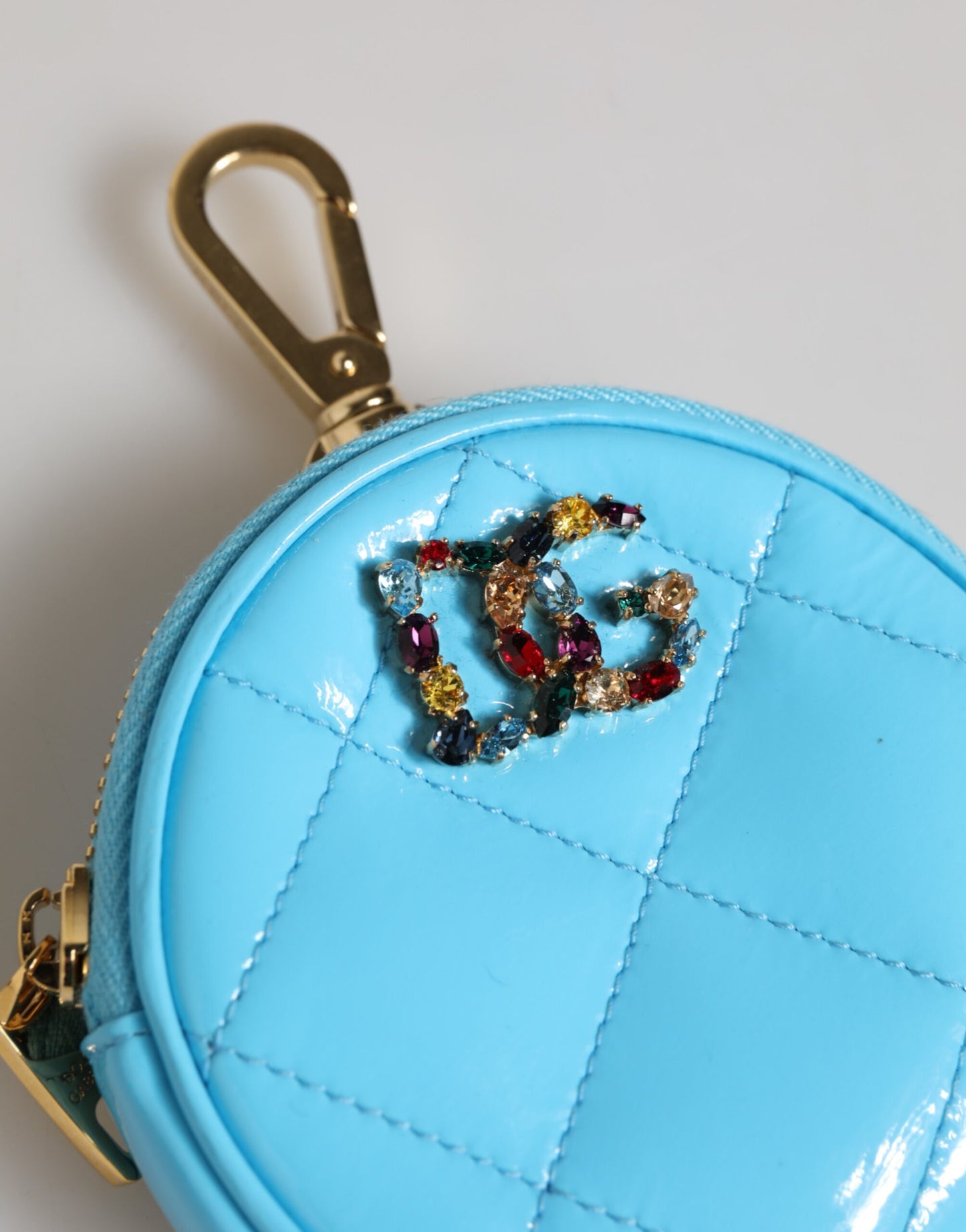 Azure Blue Leather Round Coin Purse Keychain Crystal Logo Wallet