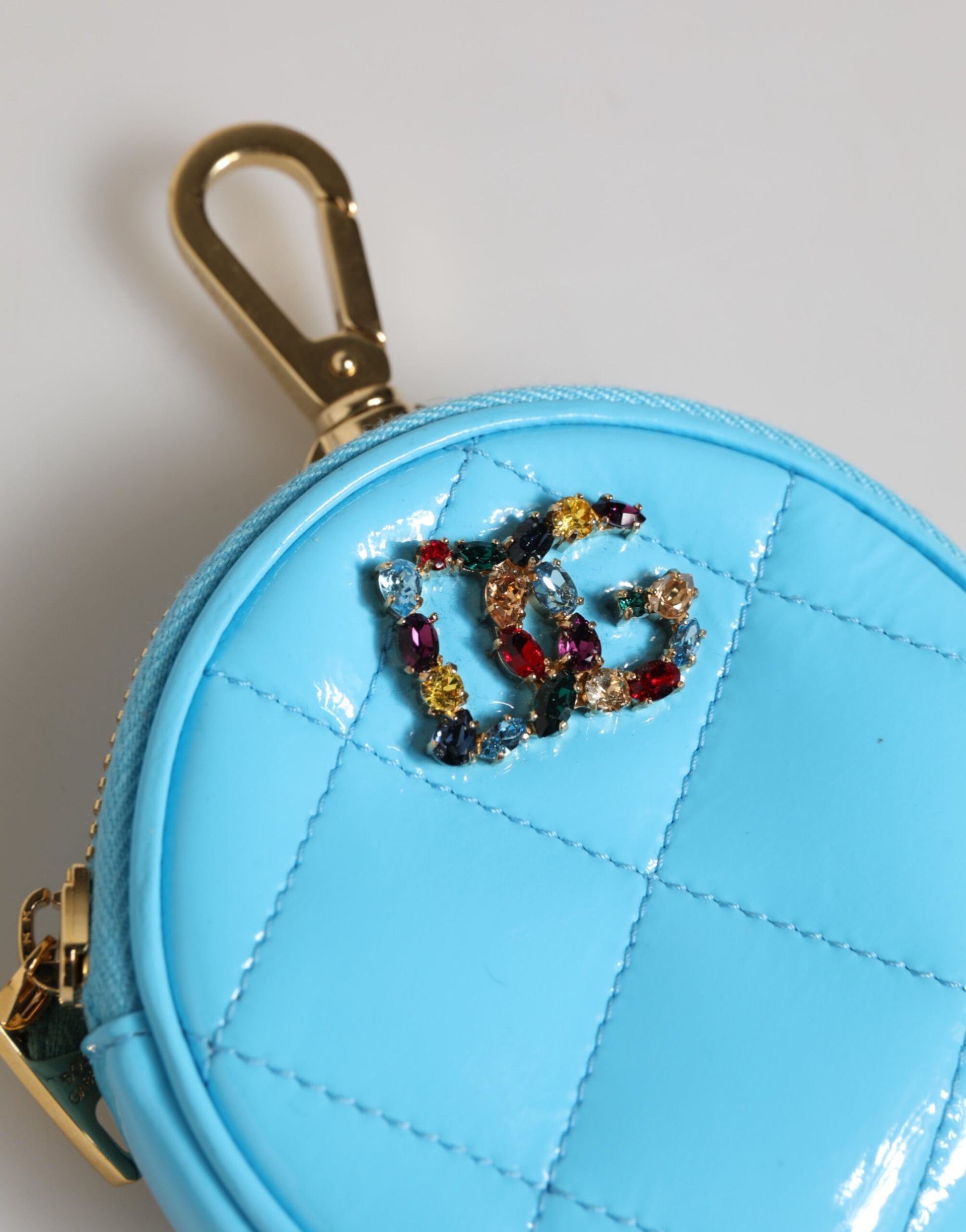 Azure Blue Leather Round Coin Purse Keychain Crystal Logo Wallet