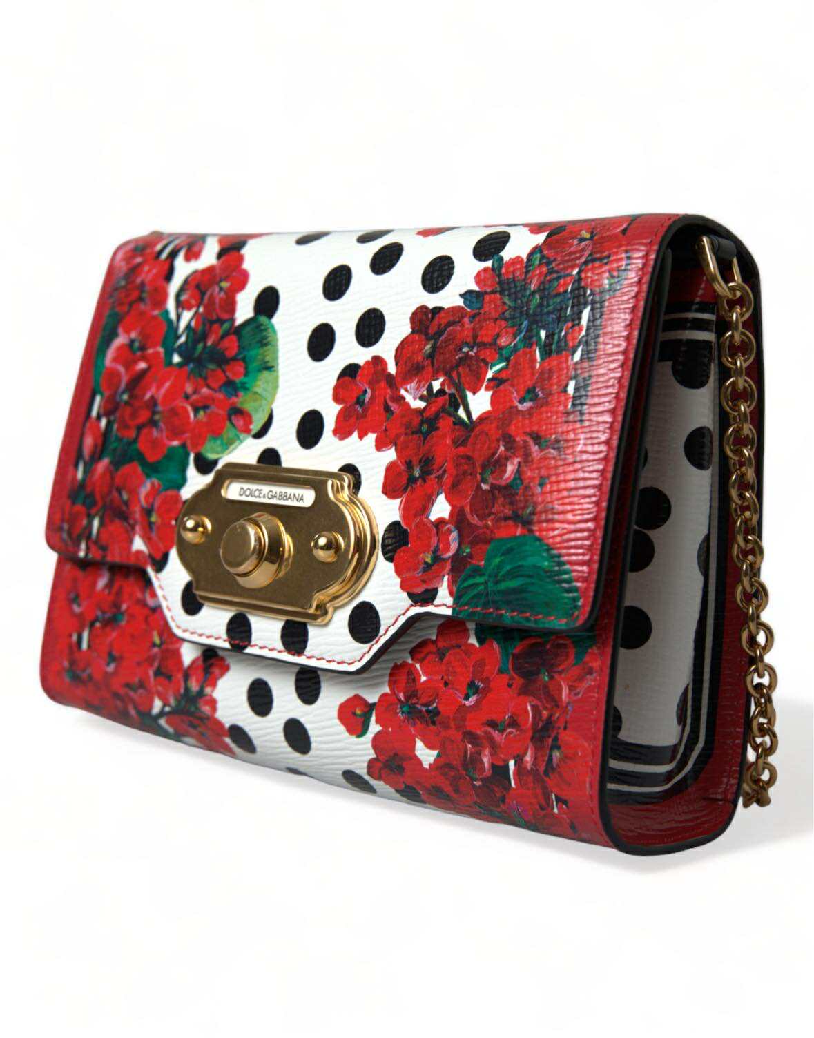 Red Floral Polka Dot Print Leather Chain DG Logo Shoulder  Bag