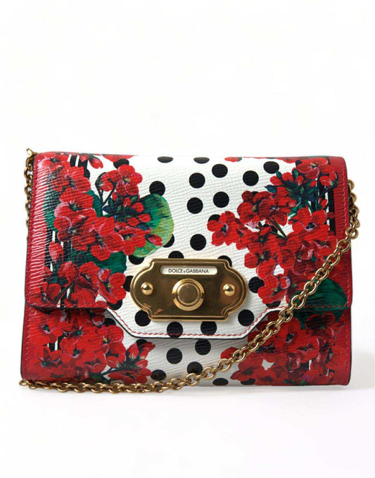 Red Floral Polka Dot Print Leather Chain DG Logo Shoulder  Bag