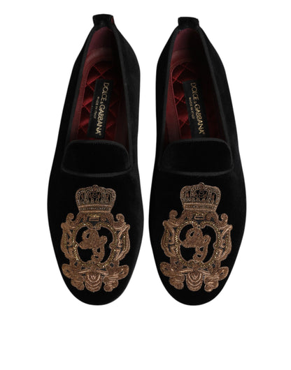 Black Velvet Gold Crown Mens Loafers Shoes