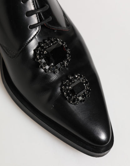 Black Leather Jeweled Crystals Derby Shoes