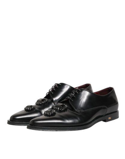 Black Leather Jeweled Crystals Derby Shoes