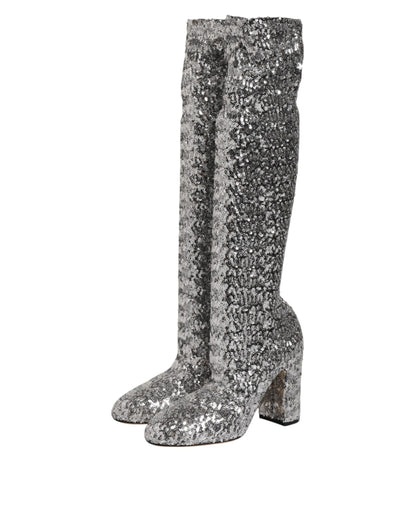 Silver Sequins Glitter High Heel Boot Shoes
