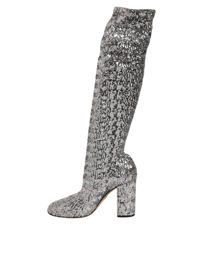 Silver Sequins Glitter High Heel Boot Shoes