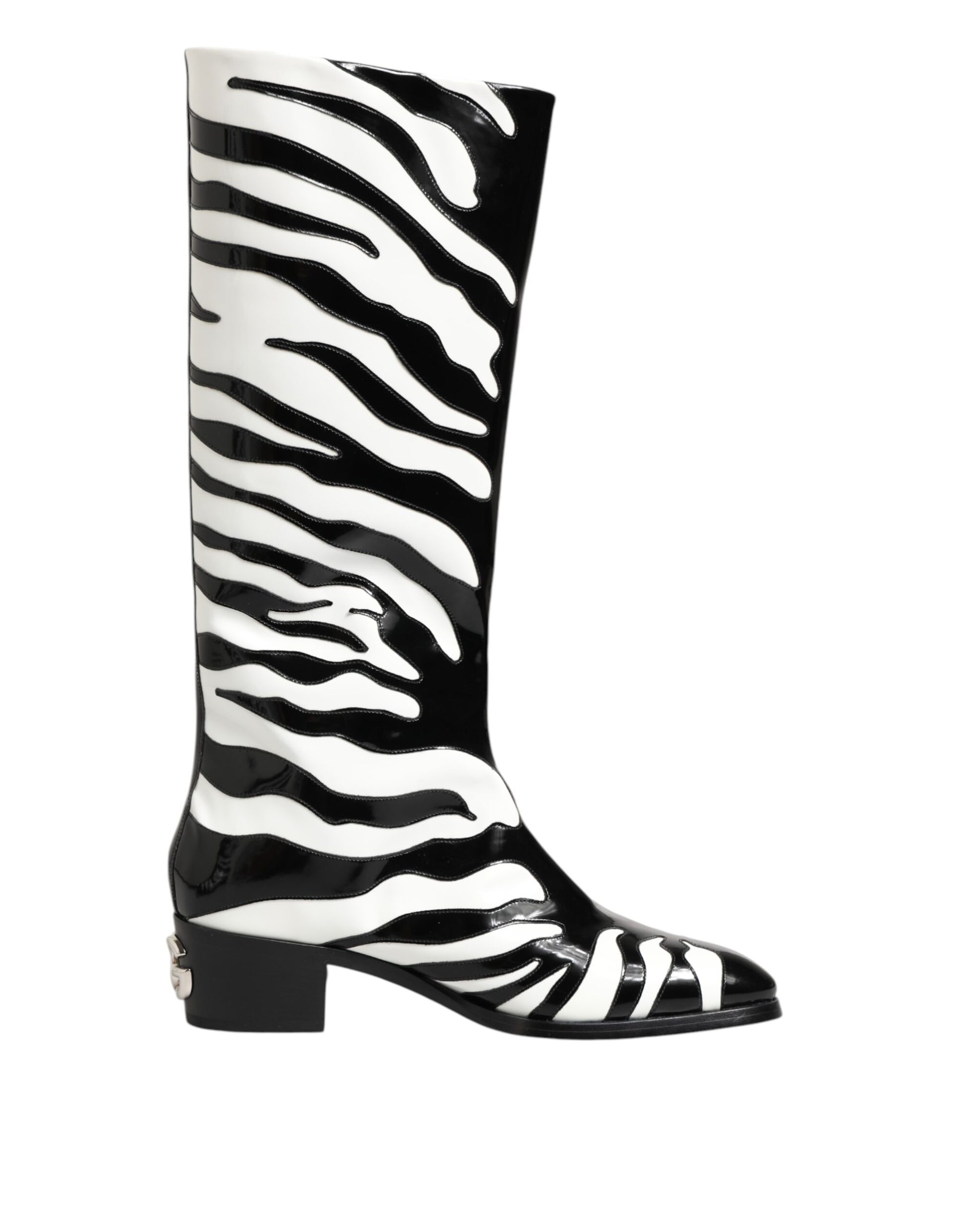 Black White Zebra Over The Calf Boots Shoes