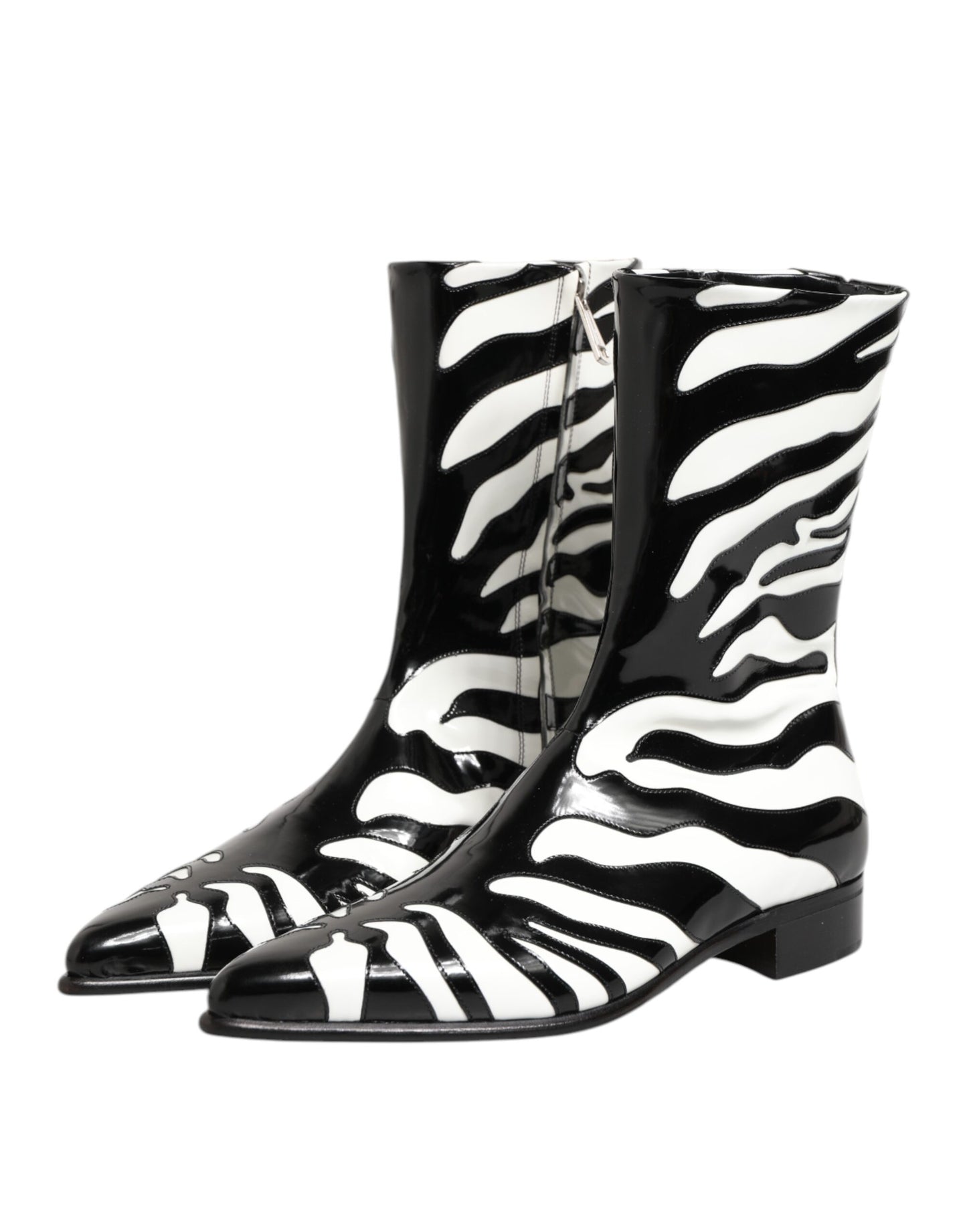 Black White Zebra Leather Mid Calf Boots Shoes