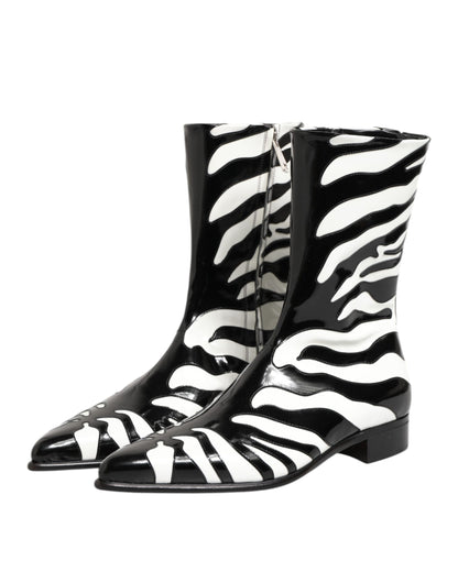 Black White Zebra Leather Mid Calf Boots Shoes