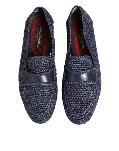 Blue Woven Leather Slip On Loafers Men Shoes