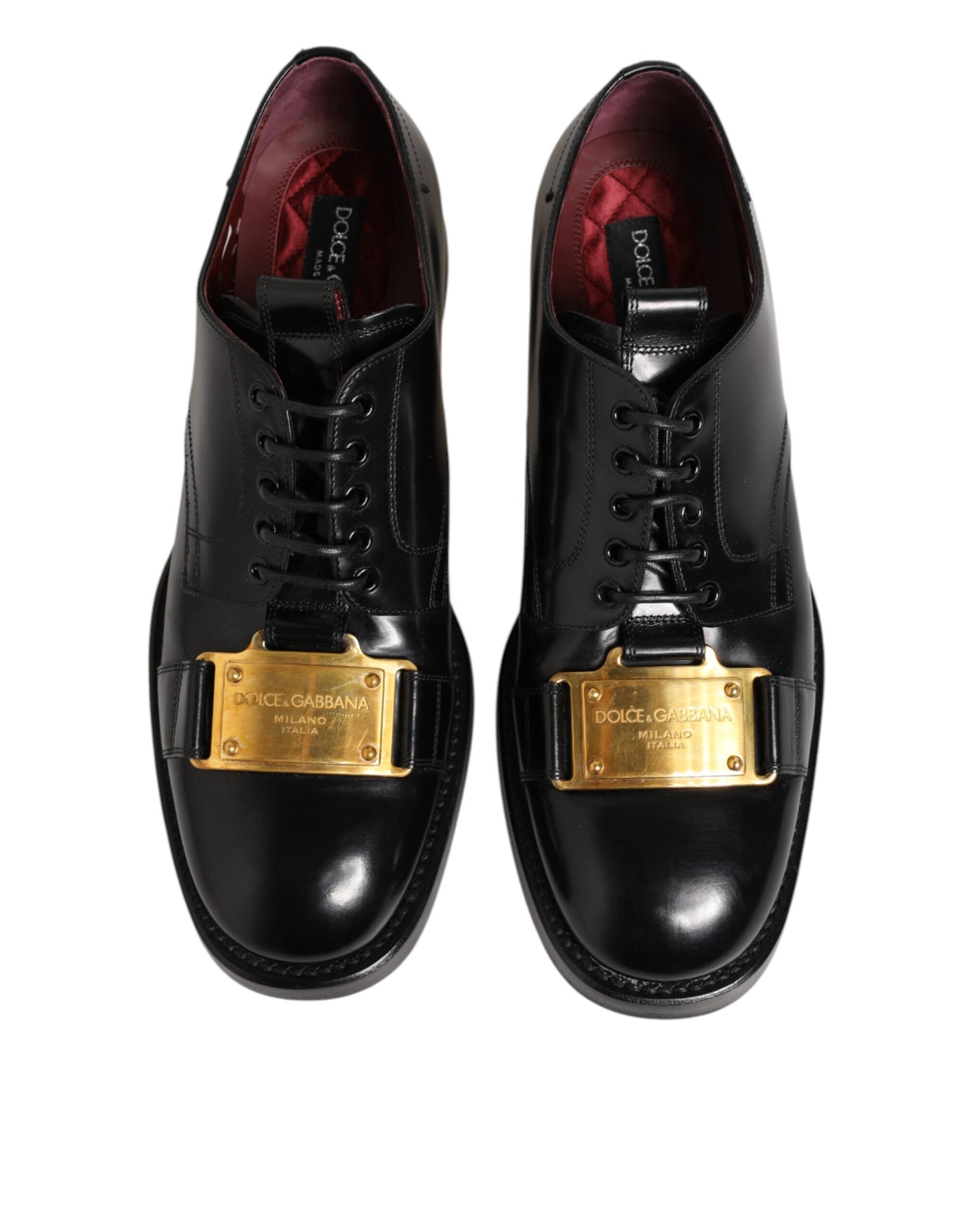 Black Leather Dress Lace Up Logo Plaque Shoes