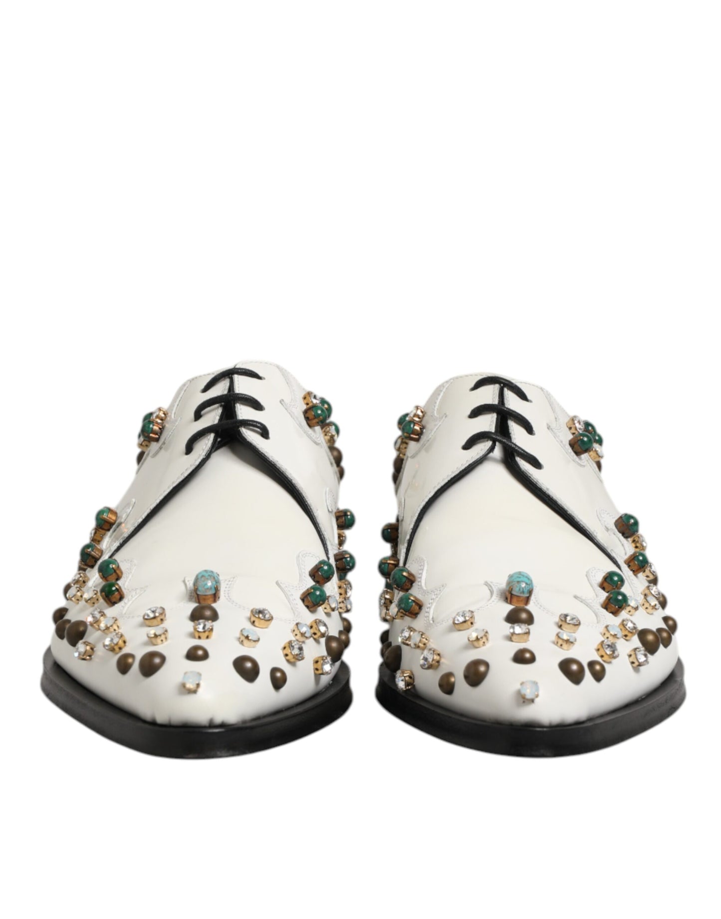 White Leather Crystals Embellished Derby Shoes