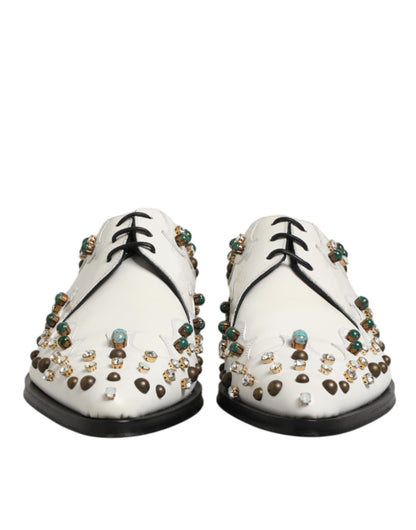 White Leather Crystals Embellished Derby Shoes