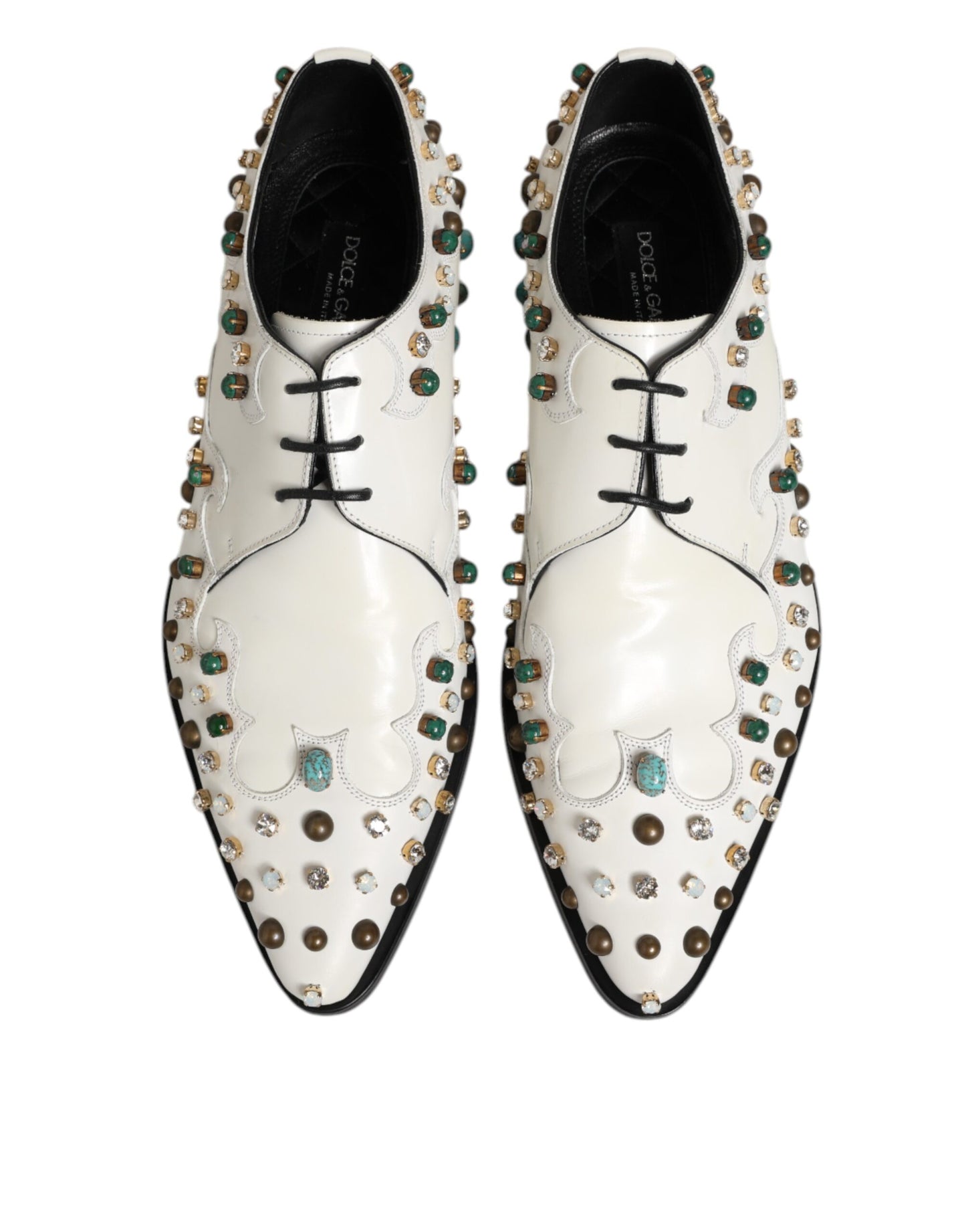 White Leather Crystals Embellished Derby Shoes