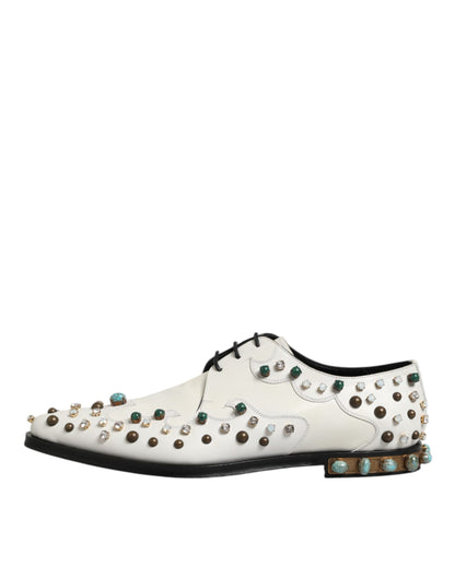 White Leather Crystals Embellished Derby Shoes