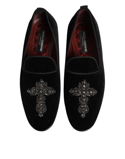 Black Cross Embellished Slip On Loafers Dress Shoes