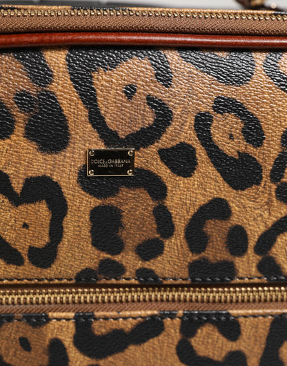 Brown Leopard Print Leather Trolley Travel Wheel Suitcase Bag