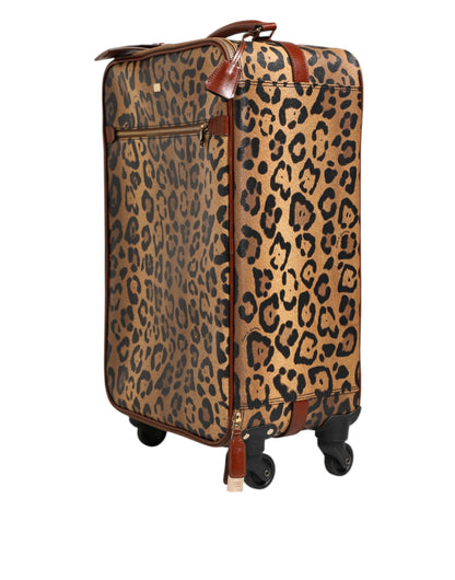 Brown Leopard Print Leather Trolley Travel Wheel Suitcase Bag
