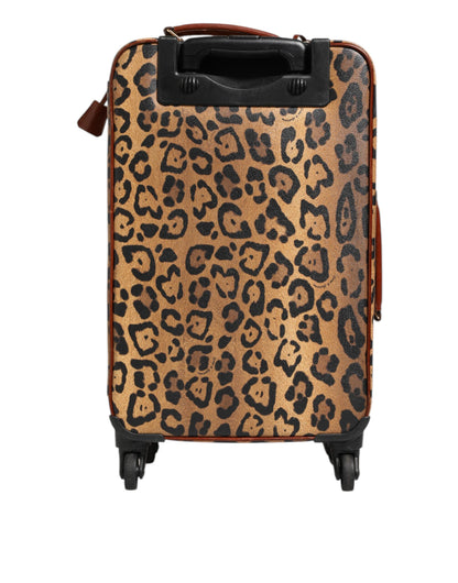 Brown Leopard Print Leather Trolley Travel Wheel Suitcase Bag