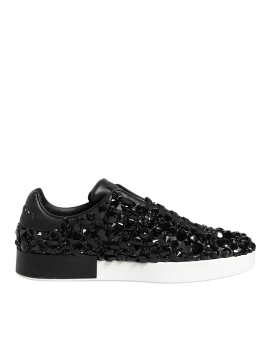 Black Leather Crystal Low Top Sneaker Shoes
