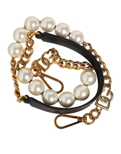 Black Leather Pearl Chain Bag Accessory Shoulder Strap