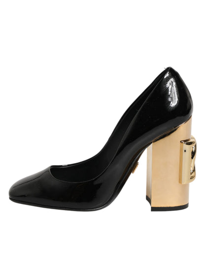 Black Gold Patent Leather Logo Heels Pumps Shoes