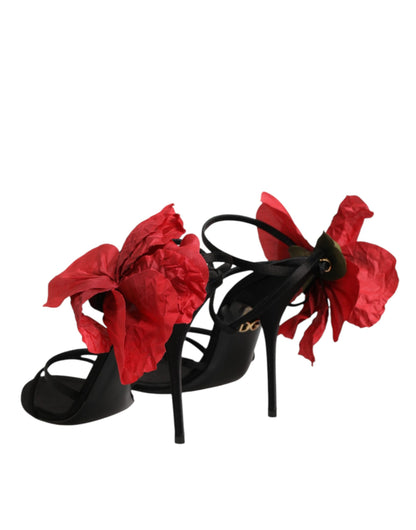 Black Leather Strappy Flower Heels Sandals  Shoes