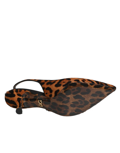 Brown Leopard Calfskin Fur Slingbacks Shoes