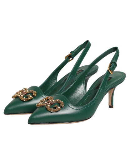 Green Leather AMORE Heels Slingbacks Shoes