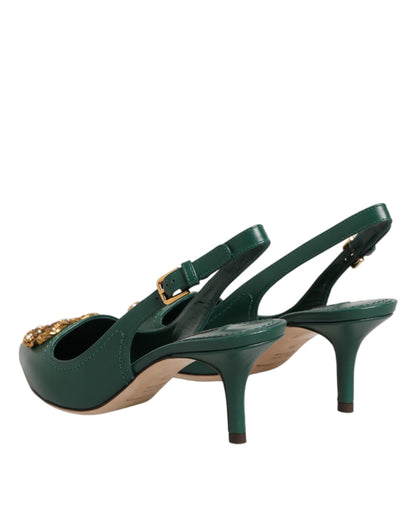 Green Leather AMORE Heels Slingbacks Shoes