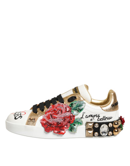 White Leather Floral Studded Sneakers Shoes