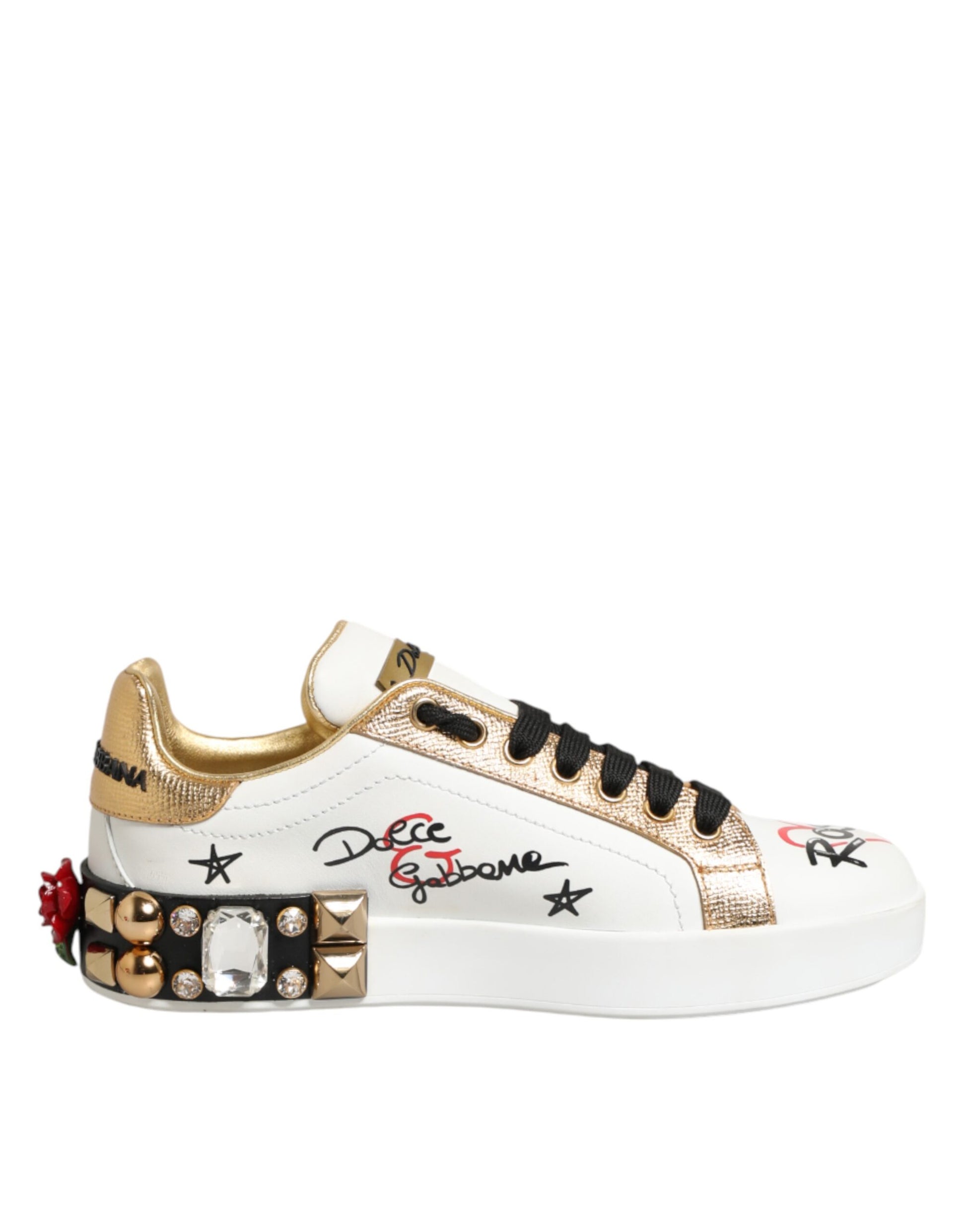 White Leather Floral Studded Sneakers Shoes