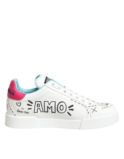 White Leather Graffiti Low Top Sneakers Shoes