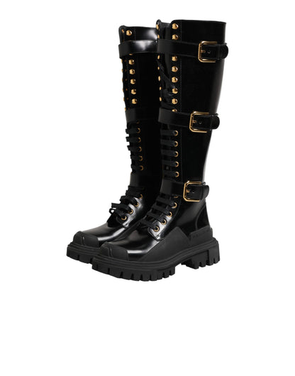 Black Buckle Embellished Knee High Boots Shoes