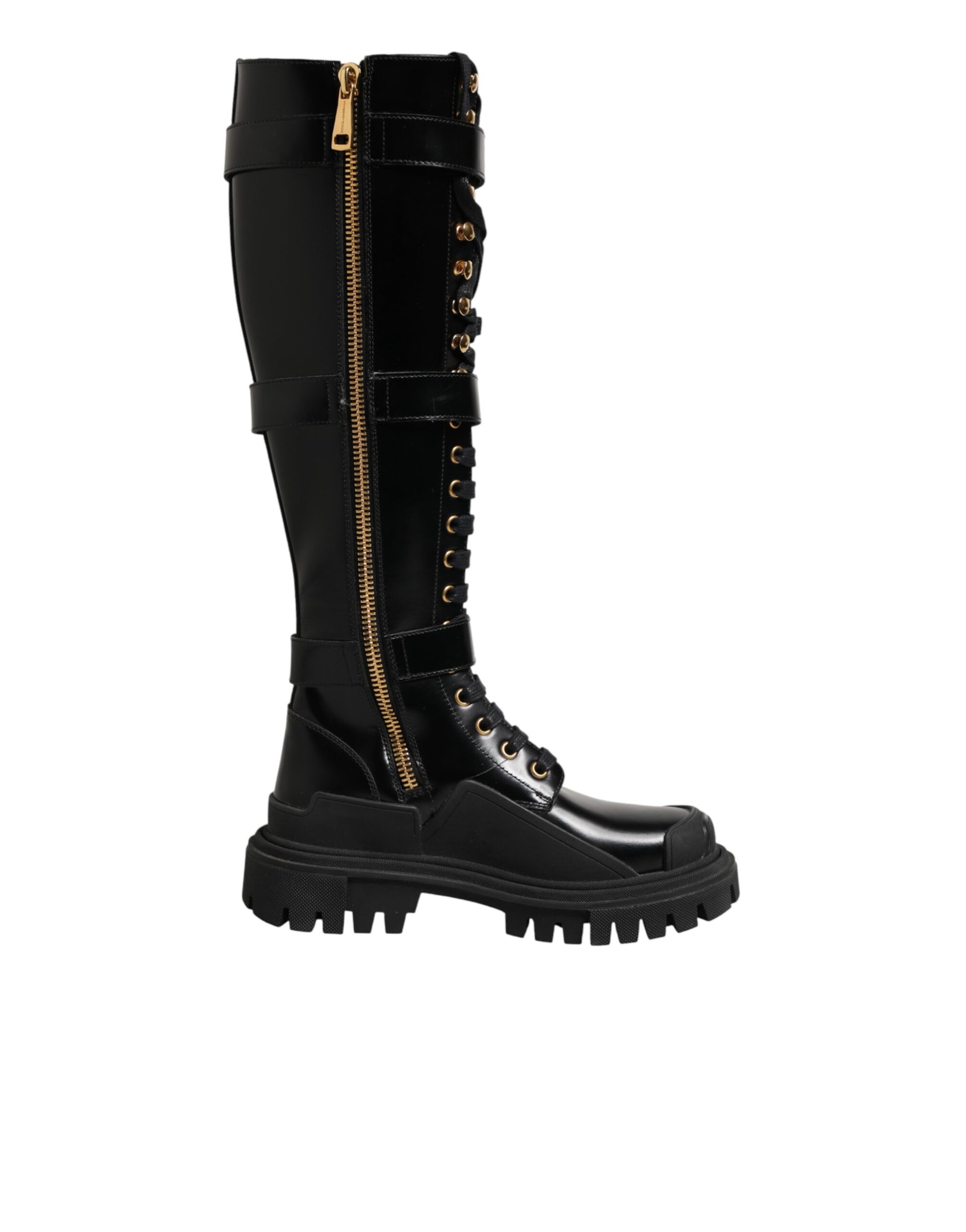 Black Buckle Embellished Knee High Boots Shoes