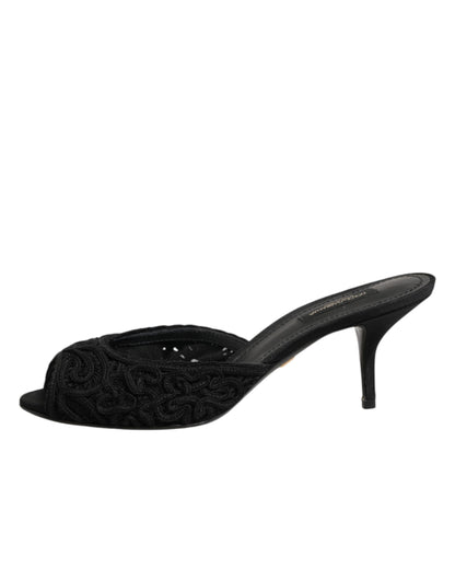Black Embroidered Slip On Heels Slides Shoes
