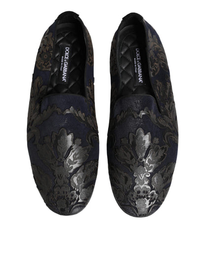 Black Jacquard Leather Slip On Loafers Shoes