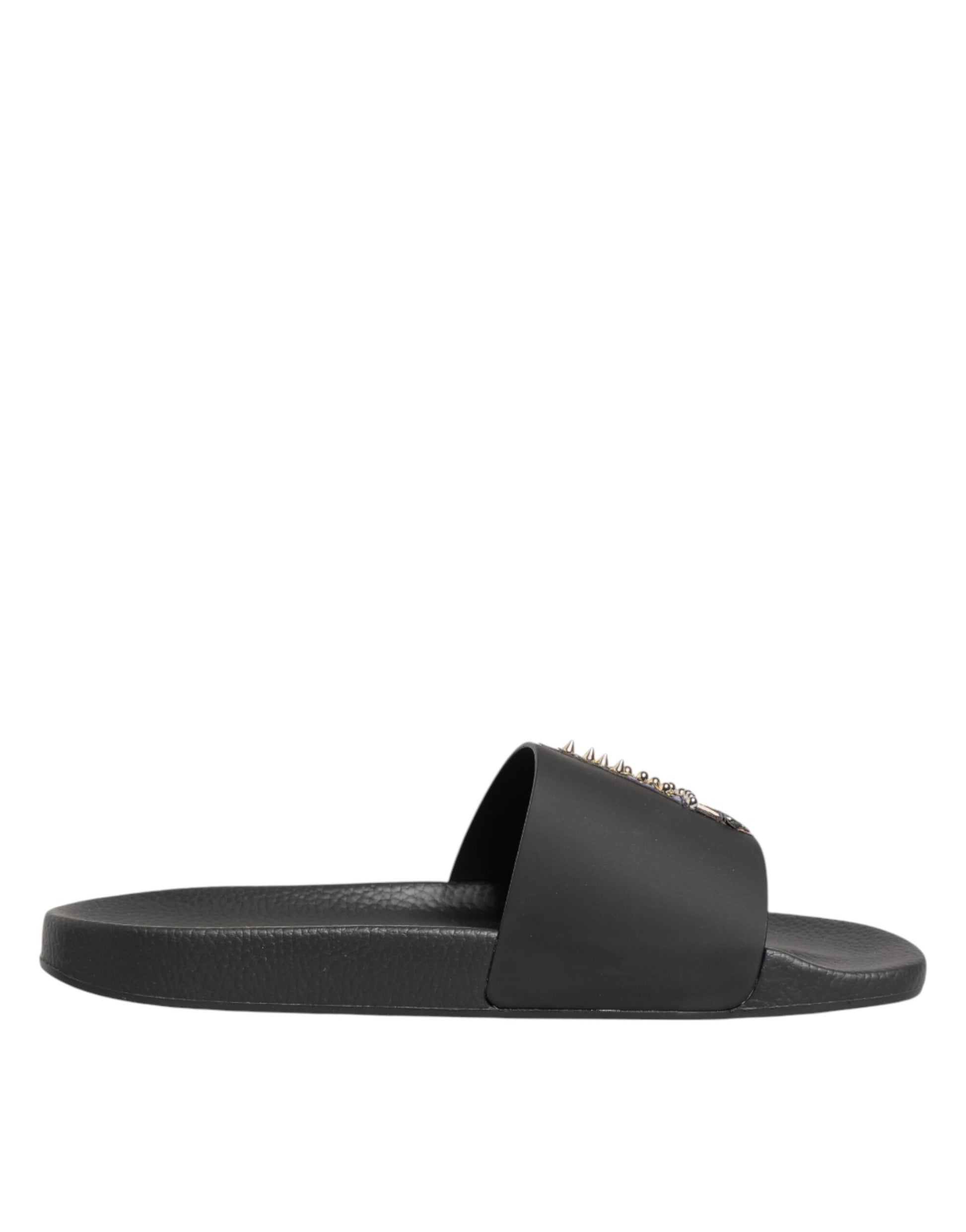 Black Leather Slides Sandals Beachwear Shoes