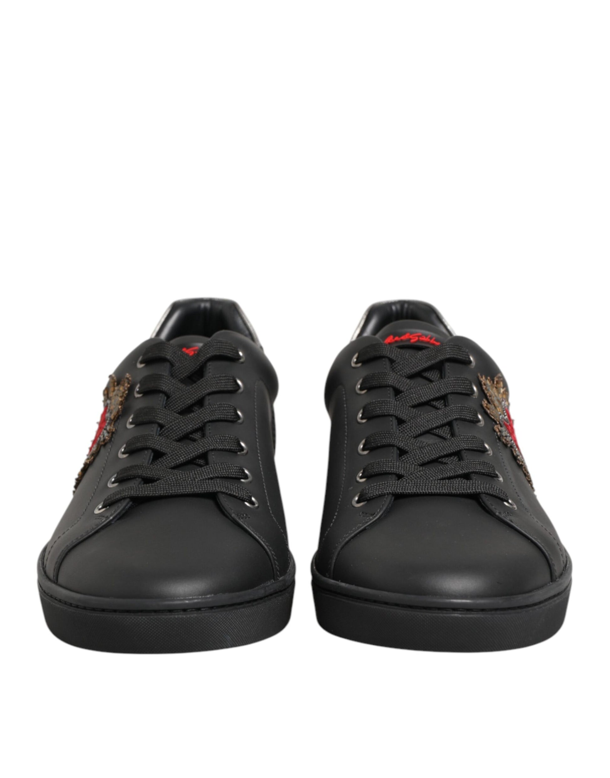Black Leather Heart Embellished Sneakers Shoes