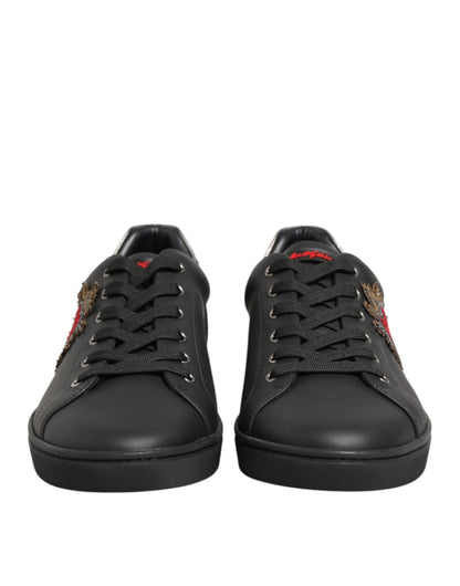Black Leather Heart Embellished Sneakers Shoes